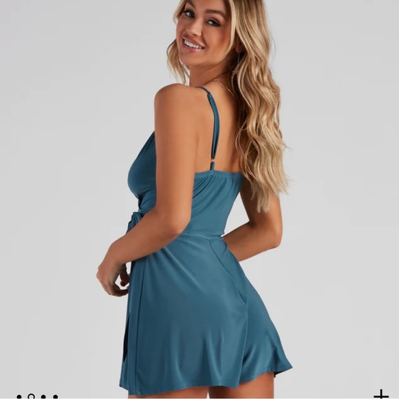 Windsor - Flirtatious Flair Faux Wrap Blue Romper - Picture 2 of 4